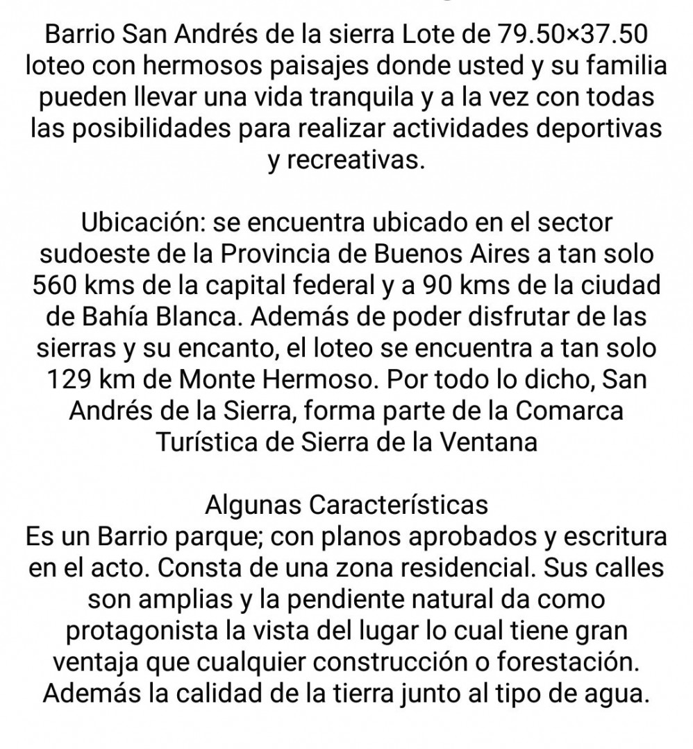 Terreno en Venta en San Andres De La Sierra,  San Andres de las Sierras - Bahía Blanca Propiedades | SITIO OFICIAL l